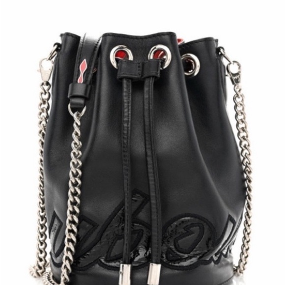 New Christian Louboutin Calfskin Sequin Marie Jane Bucket Bag In Black - Picture 6 of 13